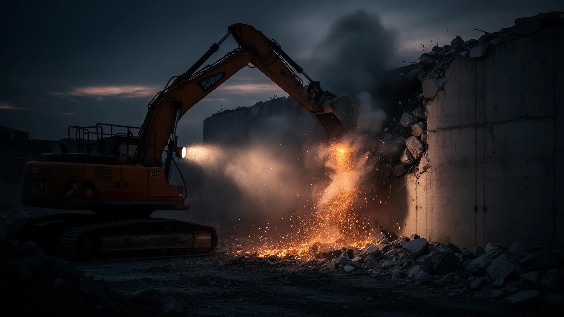 Heavy demolition site with sparks and dust